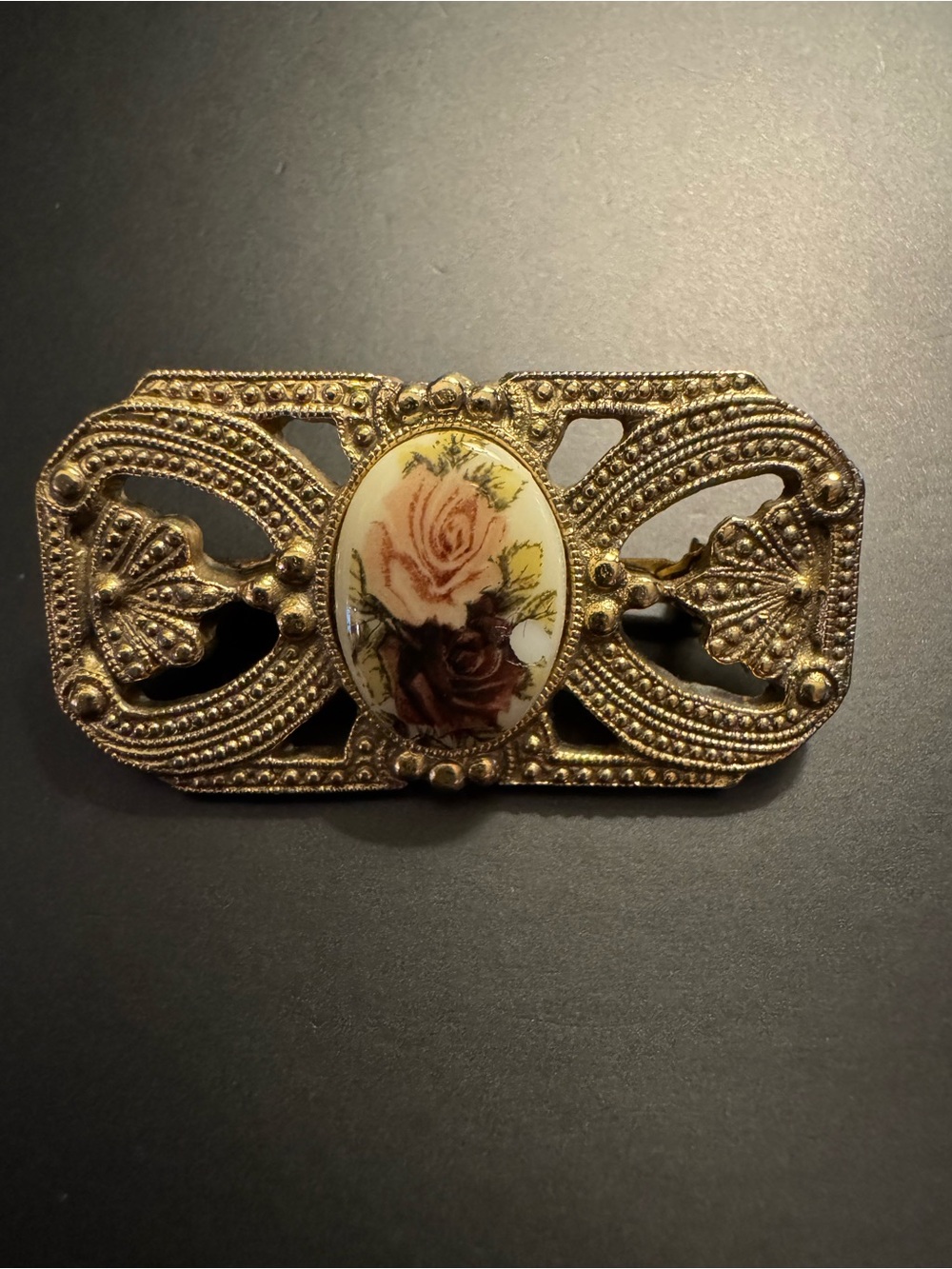 Vintage Gold-Tone Floral Porcelain Brooch with Pink and Brown Roses